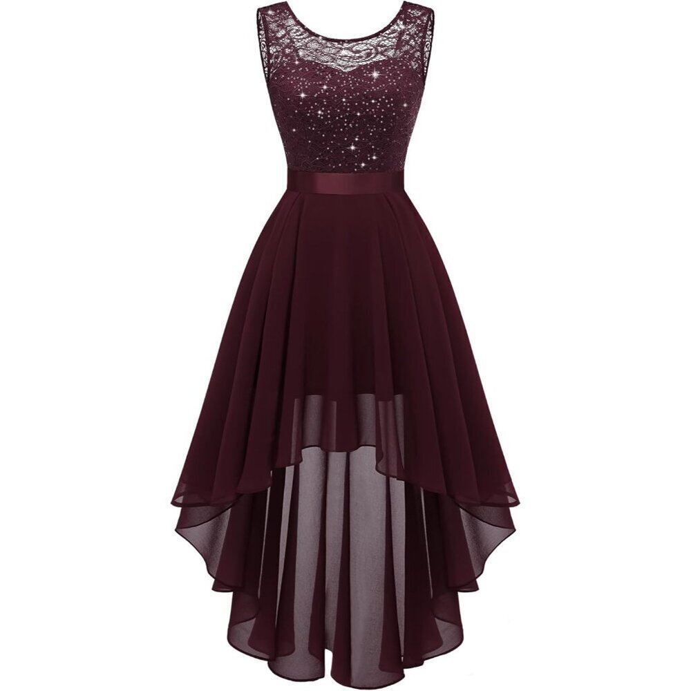 BeryLove Women Burgundy Sequin Chiffon Scoop Neck Sleeveless Lace Cocktail Dress